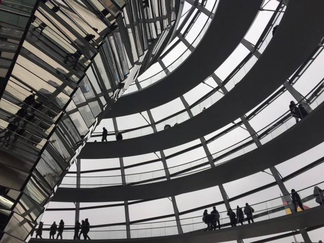 The view from inside the dome of Berlin’s Reichstag building.